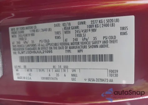 2018 Lincoln Mkc Reserve z USA, uszkodzony, nr VIN 5LMTJ3DH9JUL21095